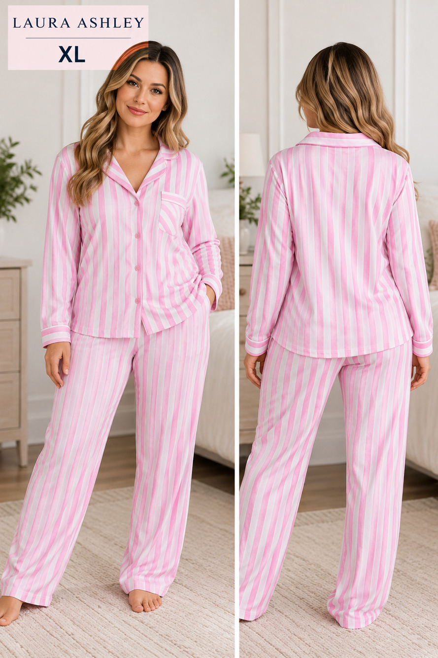Laura Ashley Pink White Striped Pajama Set XL Long Sleeve Button Front